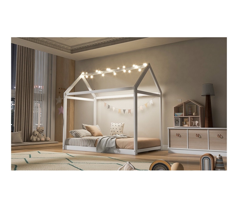 Cadre de lit simple en bois pour enfants, lit à plancher Montessori blanc avec profil bas