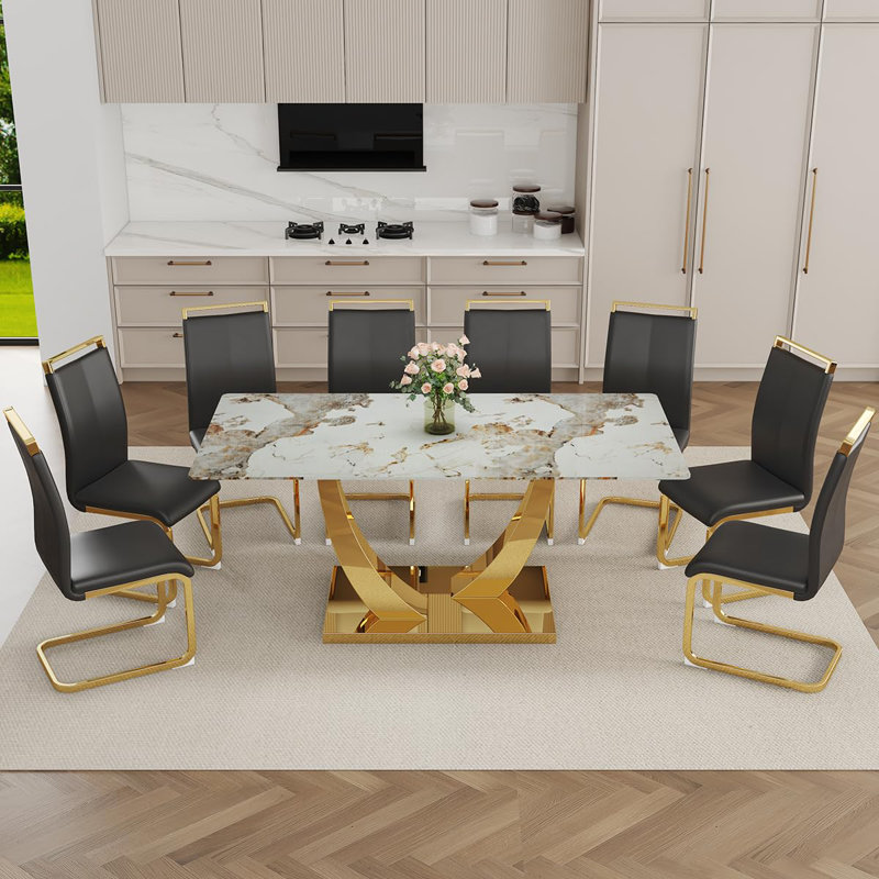 71'' Modern Dining Table Set, Tempered Glass Top with Gold Metal Base, PU Leather Chairs, Luxury Dining Room Set, Black
