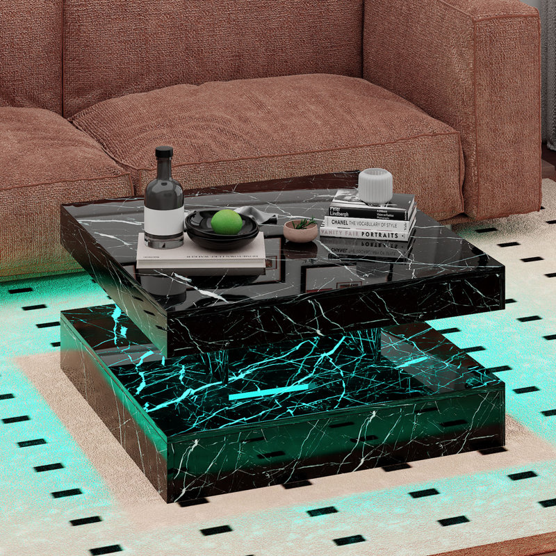 Charvez High-Gloss Coffee Table with 16 Colors LED Lights, Black Marble, 35.5cm H x 78cm W x 78cm D