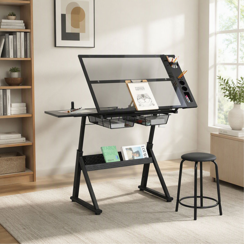 Table à dessin à manivelle réglable en verre avec chaise et rangement, pour le salon ou le bureau