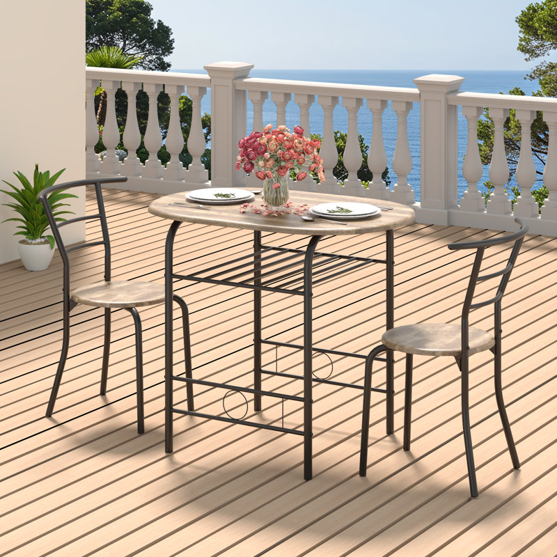 17 Stories 3 - Piece Dining Set For 2 Person, Kitchen Table And Chair Set With Wine Rack, Compact Dining Table Set With Metal Frame , Space-saving Design For Small Kitchens, Apartments, Breakfast Nook, Brown