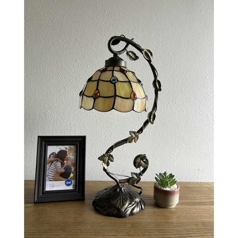 Simonson Tiffany Table Lamp Gold Stained Glass Iron Metal Leaves LED Bulb Included 11"W*8"D*21"H