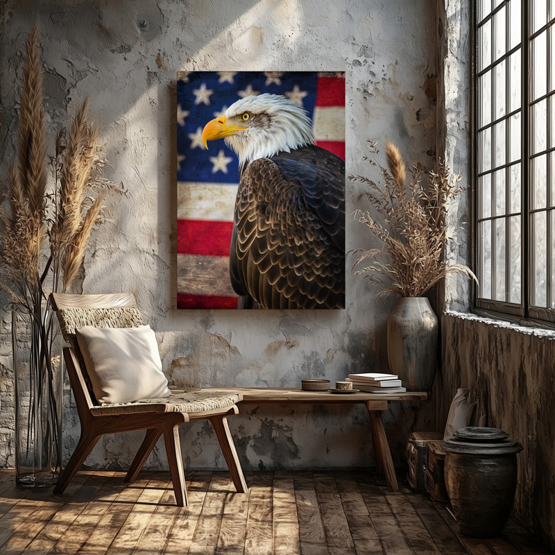Reproduction d'art sur toile, "Aigle chauve majestueux" perché en évidence contre une toile de fond vieillie avec le drapeau américain