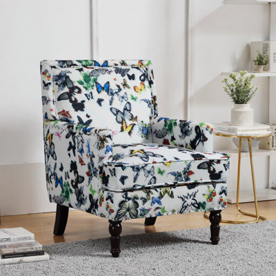 Chaise d'appoint rembourrée, fauteuil vintage avec tissu en lin papillon et garniture cloutée pour un salon élégant