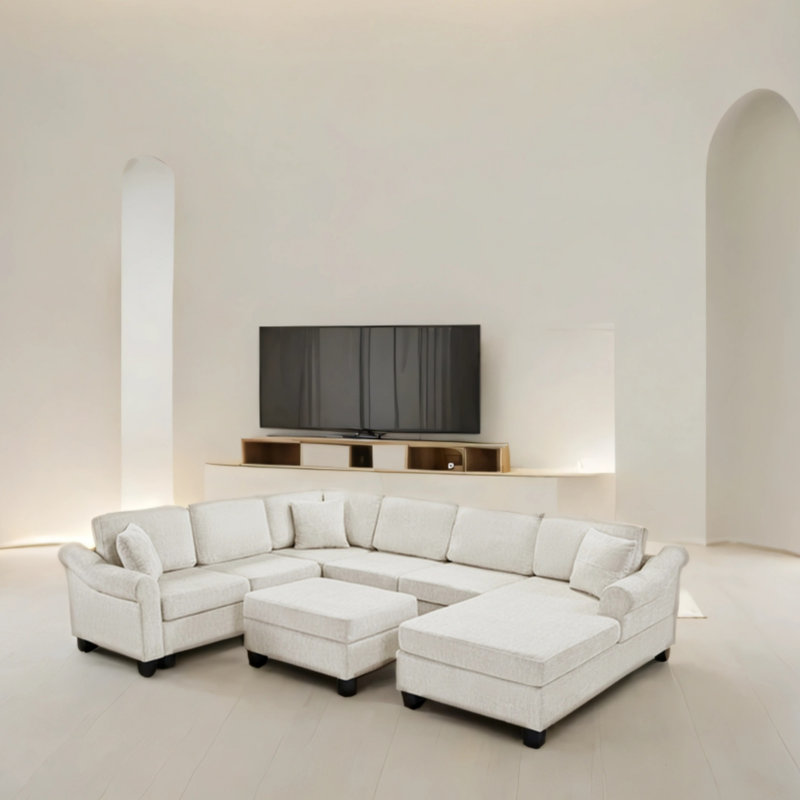  Canapé modulaire modulaire en chenille de 111,8 po en U avec tabouret de rangement amovible pour le salon, White