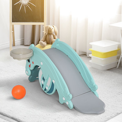 Cheval 3-en-1 portatif à glisser et à bascule avec panier de basketball, aire de jeu intérieure et extérieure pour tout-petits de 3 à 5 ans, vert L 28,25 po x l 13,5 po x H 18,5 po HDPE 1 pièce…