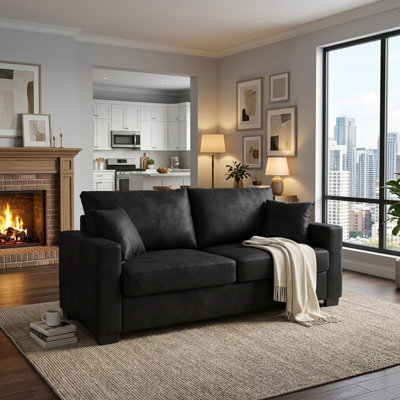 This 69-inch two-seater sofa features a Foil fabric and comes with two throw pillows, offering a comfortable seating experience suitable for any setti