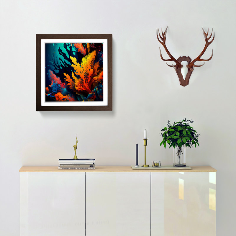 Coral Reef Abstract Expressionism - Single Picture Frame Print on Wood, Walnut