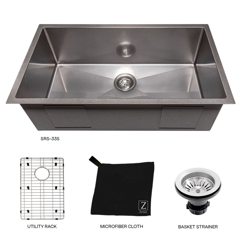 DuraSnow® ZLINE 33" Meribel Undermount Single Bowl Fingerprint Resistant Stainless Steel Kitchen Sink with Bottom Grid