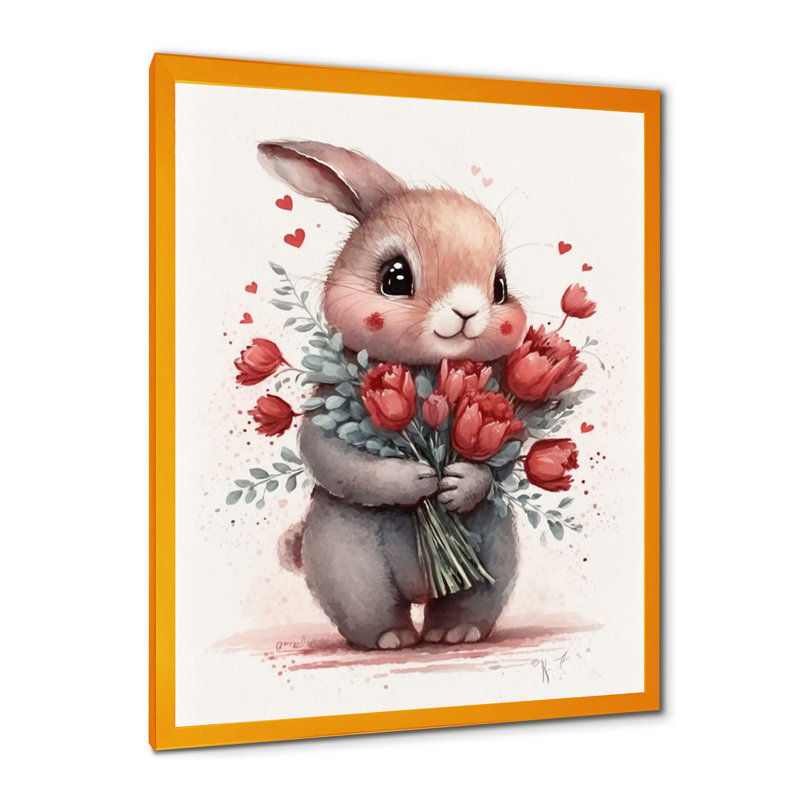 «Bunny Love Holding Flowers I», reproduction sur toile, L 30 po x H 40 po, Impression dorée sur toile encadrée