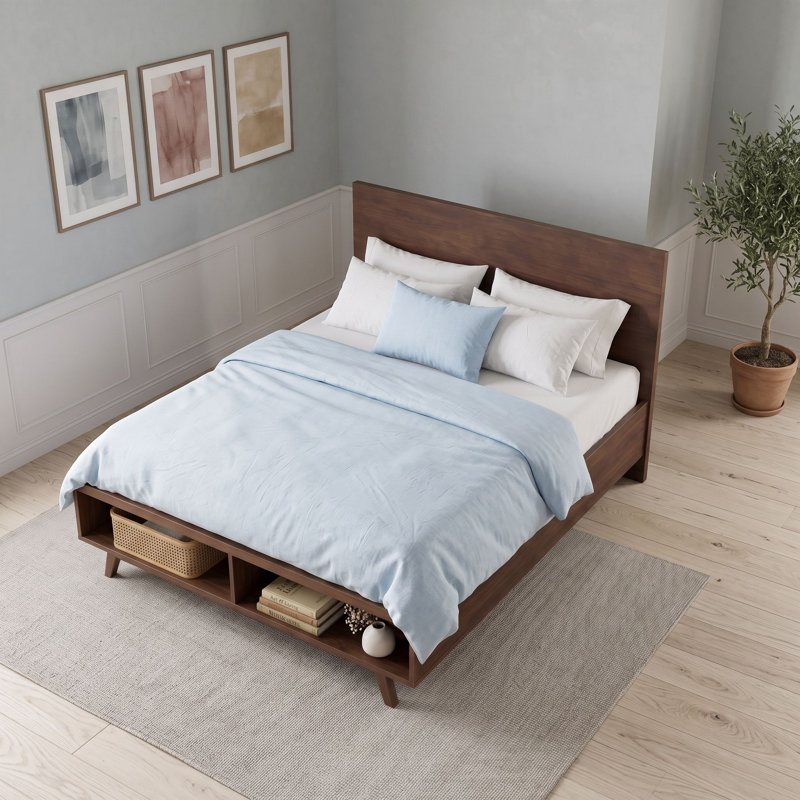 Cadre de lit plateforme en bois avec rangement intégré au pied de lit, Grand lit