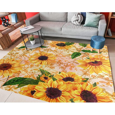 Sunflower Area Rug, HD Retro Yellow Sunflower Print Rugs, Modern Art Floral Decor Non-Slip Carpet for Living Room, Bedroom, Playroom, Office Washable Home Decor, 3.3′ × 5.2′