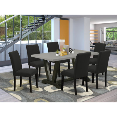 7 Piece Dining Table Set Consists of a Cement Rectangle Kitchen Table with V-Legs and 6 Black Linen Fabric Upholstered Chairs, Wire-Brushed Black Finish