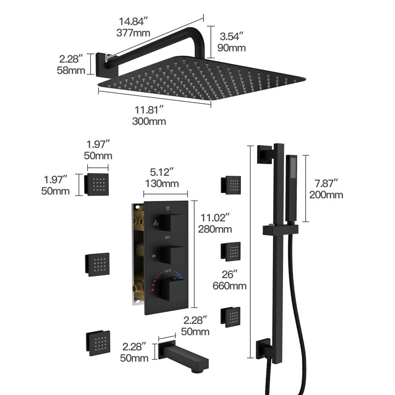 SlideLux 4-Function 12" Thermostatic Complete Rainfall Shower System with Tub Spout, Body Jets and Slide Bar, Matte Black