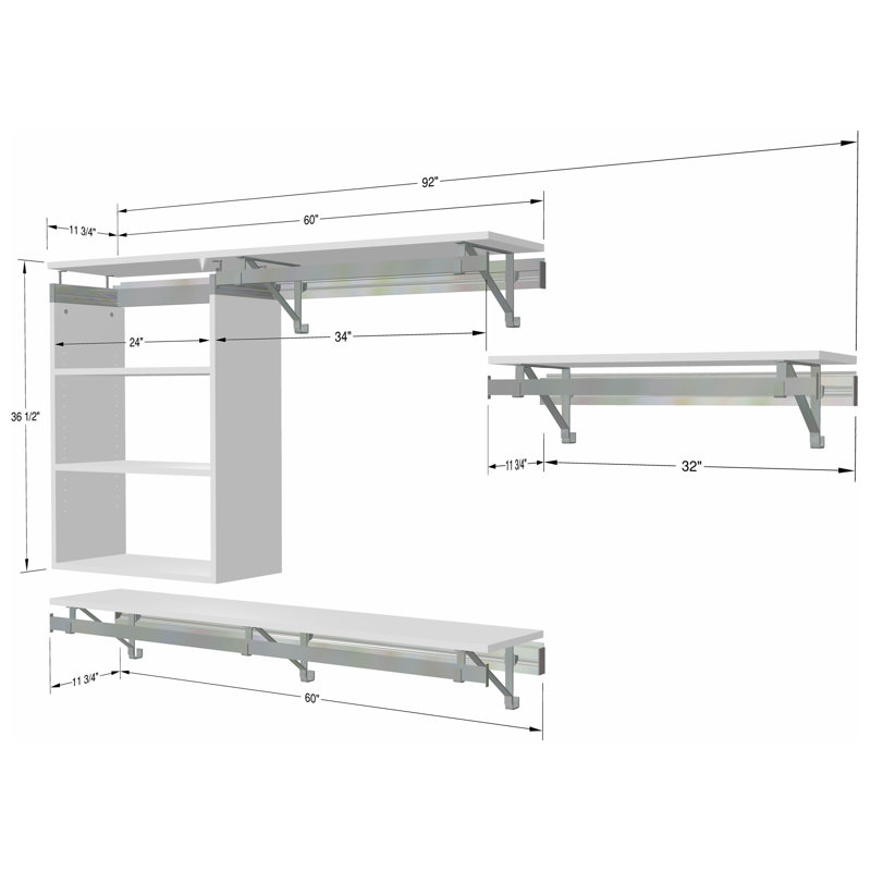 Système de garde-robe 3 pièces: suspension double avec casier et suspension de 32 po, H 36,5 po x l 92 po x P 12,25 po