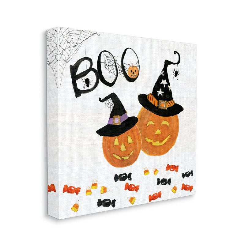 «Boo Expression with Orange Pumpkins Witch Hats» par Sally Swatland - impression d'art graphique, Toile tendue