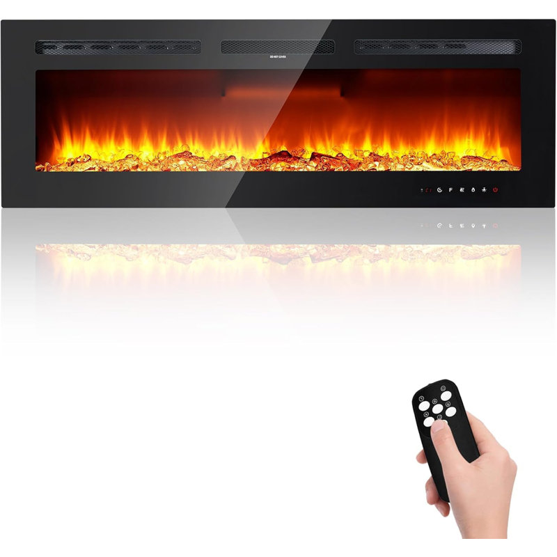 60 inch Electric Fireplace Wall-Mounted Recessed 750/1500W 5120 BTU Heat Output Fireplace Heater with Remote Control Timer 12 Adjustable Flame Colours Brightness Log Set Crystal Stones