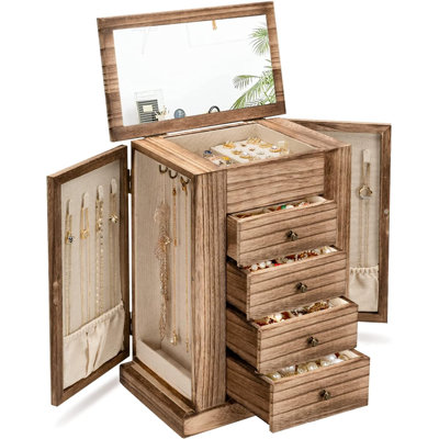 Grande boîte à bijoux en bois avec 5 couches, plusieurs compartiments, tiroirs et miroir - parfait pour les colliers, boucles d'oreilles, bagues et bracelets