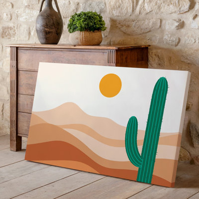 Toile, paysage de désert minimaliste mettant en vedette un cactus vert proéminent dans un art mural