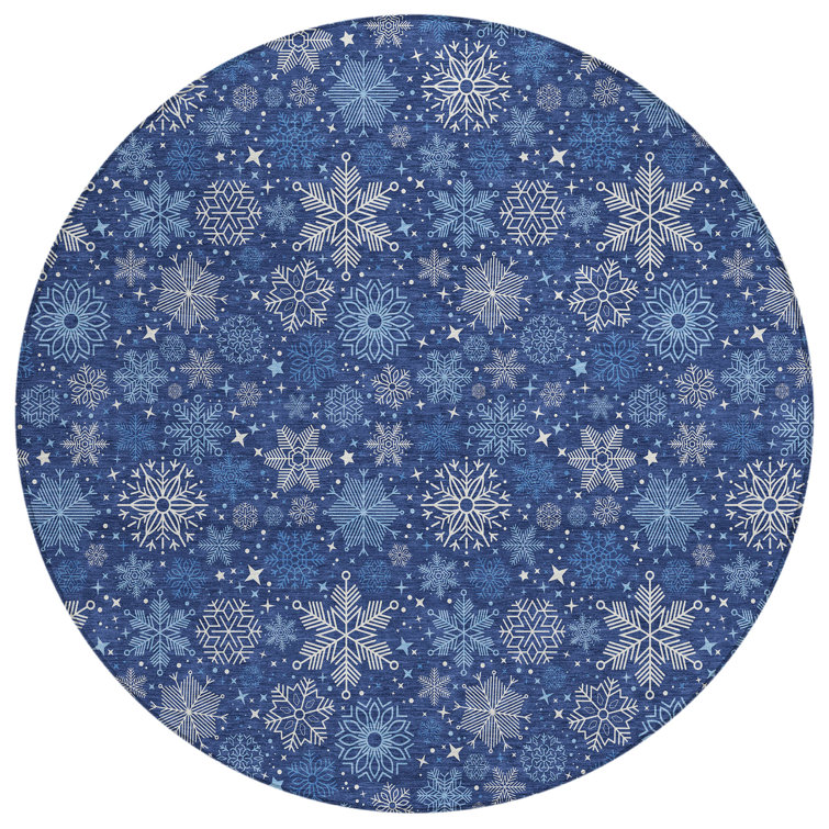 Machine Washable Indoor/Outdoor Christmas Snowflake Xhevrie Navy Rug
