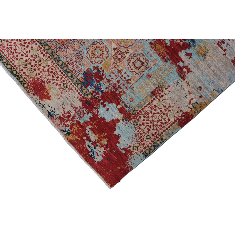 Tapis rouge et bleu noué à la main de haute qualité
