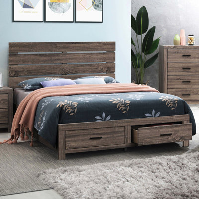 Queen Storage Panel Bed With Slatted Headboard, Drawers, And A Oak Finish For Bedroom Design Two On Engineered Wood Setup