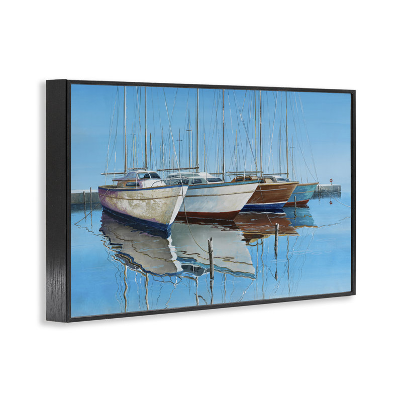 Quatre bateaux à quai, estampe numérique par Max Maxx, Giclée encadrée noir minuit, H 20 po x l 30 po