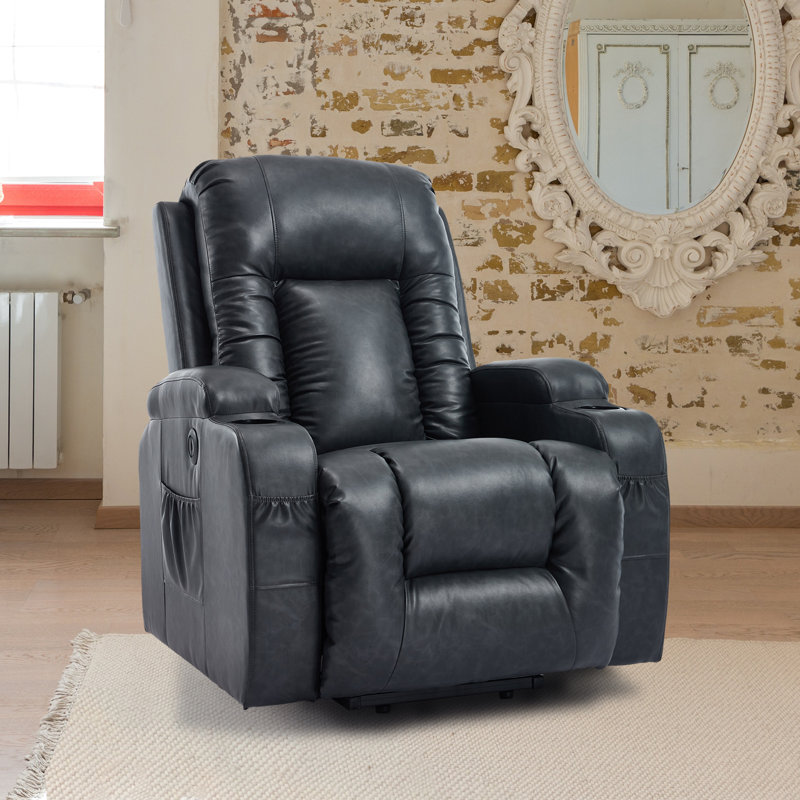 Emalina 39.76"W Breathable Faux Leather Power Recliner, Massage, Heater, Standing Assistance, Dark Gray