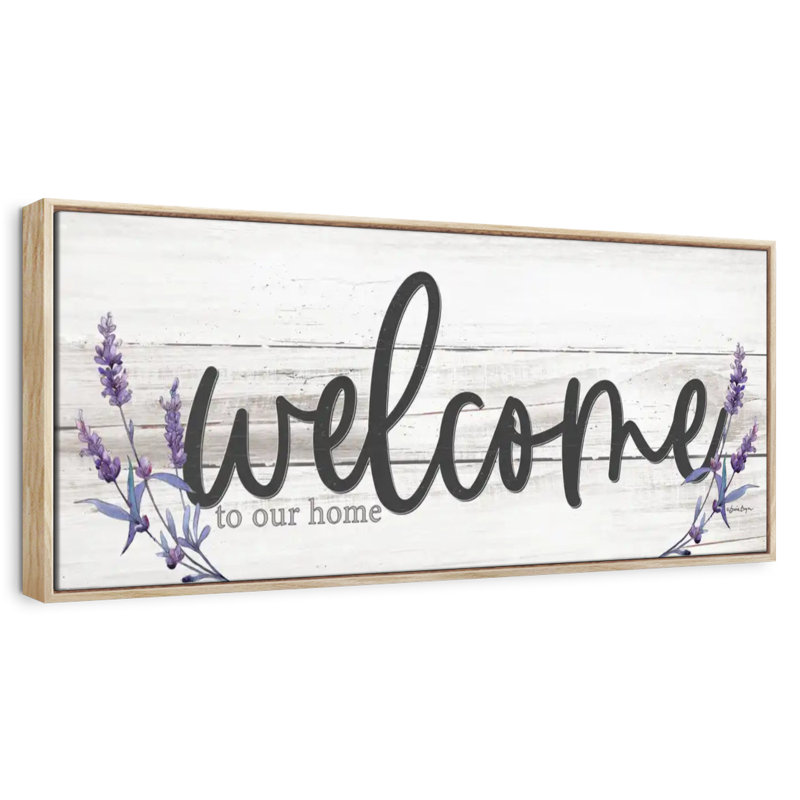 Plaque murale "Welcome to our home" lavande, Cadre flottant en bois naturel, 31 po x 11 po