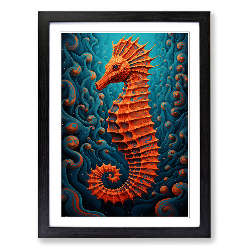 Seahorse Op - Single Picture Frame Print on Wood, Black, 34cm H x 25cm W x 2cm D
