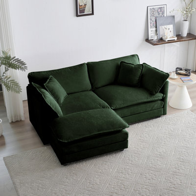 Chenille Two-Seater Sofa with 1 Footrest, L-Shaped Sectional with Ottoman - Green