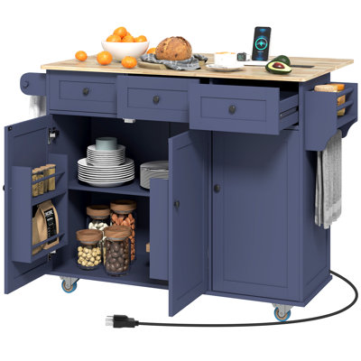 Rolling Kitchen Island with Charging Station and Drop Leaf, 53" Island Table with Wood Top, 3 Drawers, Adjustable Shelf, Spice & Towel Rack, Kitchen C