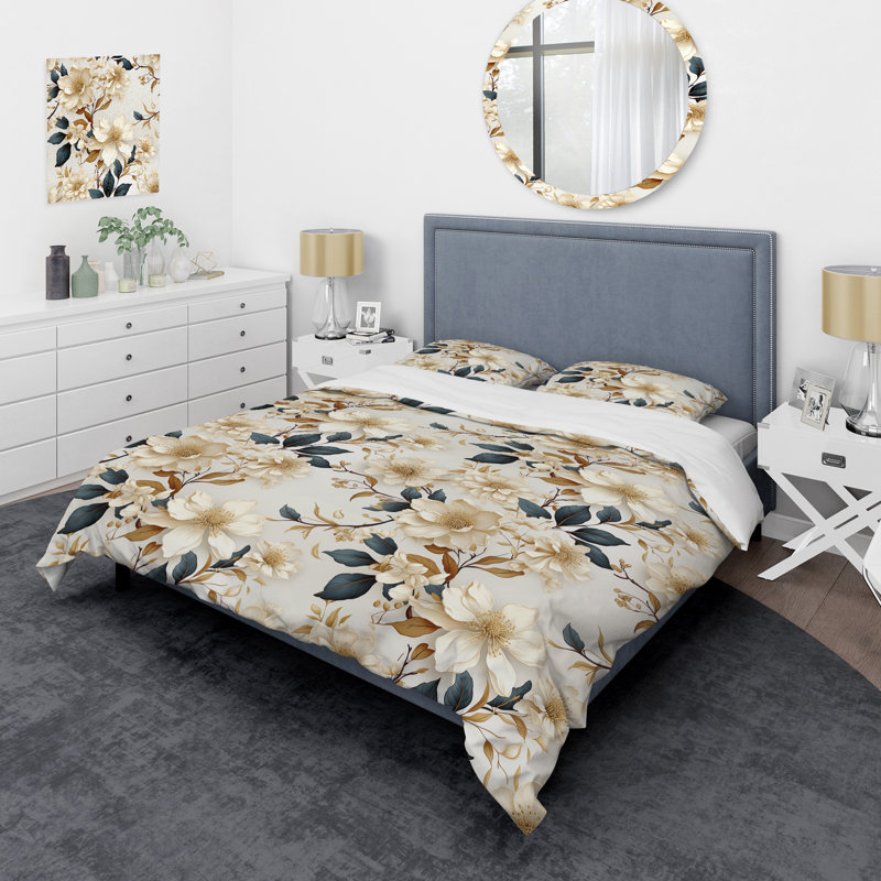 White Lace Inspired Botanicals Box Stitch Floral Duvet Cover, King Duvet Cover + 2 King Shams