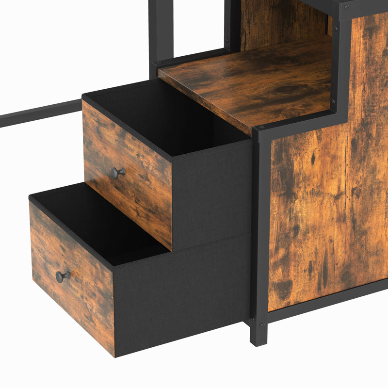 Lit mezzanine double avec bureau et tiroirs de rangement en tissu non tissé, structure de lit mezzanine en métal avec échelles