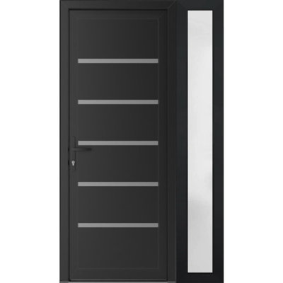 Porte d'entrée extérieure prémontée en PVC-U, modèle Manux 8415, noir mat, avec imposte et panneau latéral. Convient aux bureaux, aux commerces et aux habitations. Dimensions : 50 x 80 pouces (L 36 + 14 x H 80 pouces). Ouverture à droite vers l'intérieur.