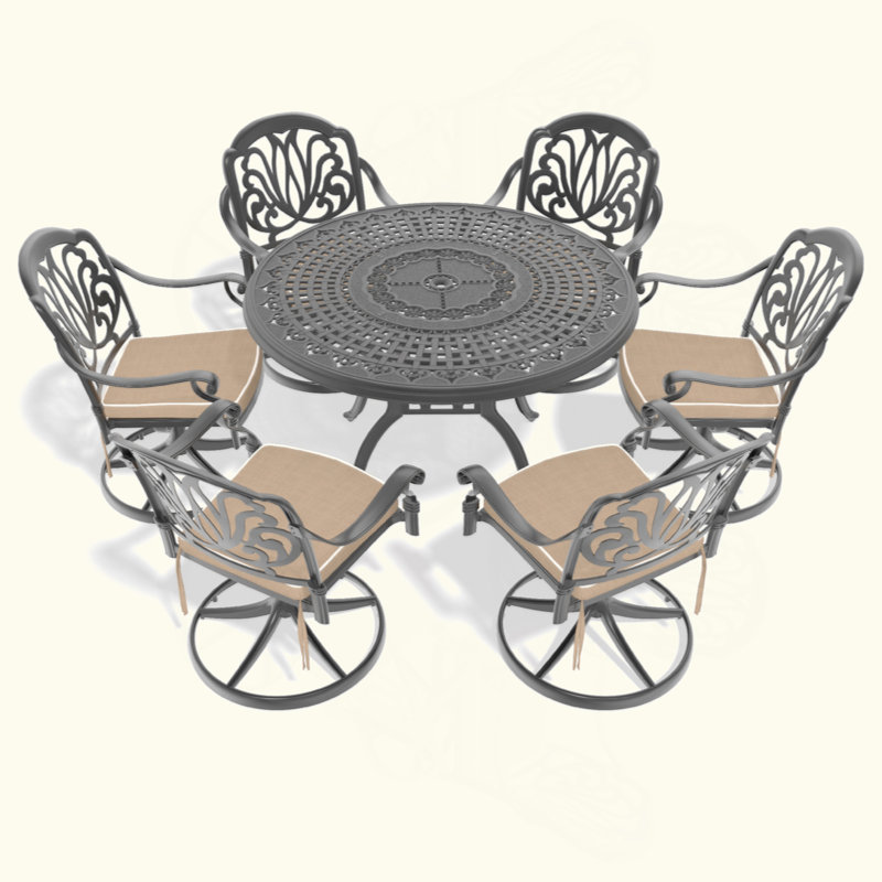 All-Weather Cast Aluminum Dining Set, Include Swivel Chairs And Round Table With Black Frame, 6