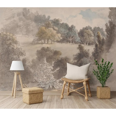 Soft Watercolor Meadow Autumn Trees Wall Mural for Home Decor