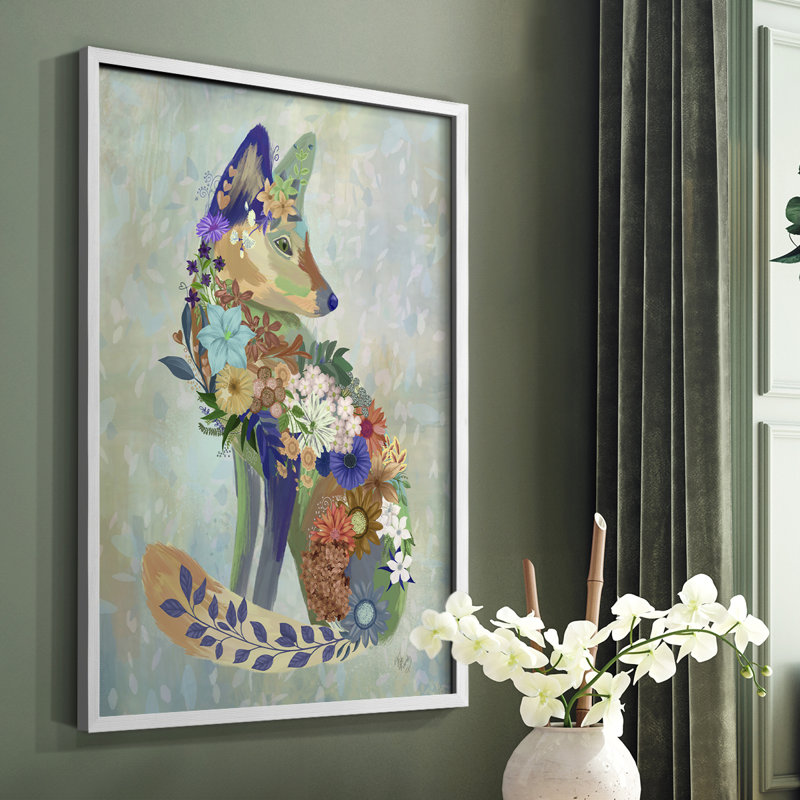 Fantastic Florals Fox, assis, reproduction encadrée - bois massif, Blanc, H 28 po x l 22 po