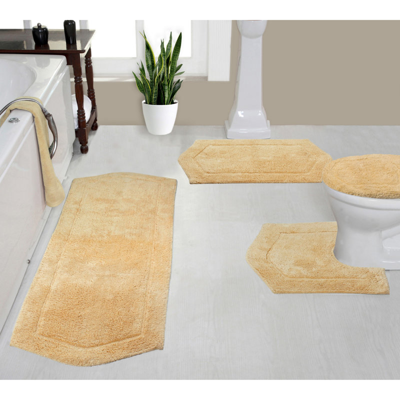 Waterford 4 Piece Bath Mat Set with Lid Cover, Quick Dry, Machine Washable Rugs, Absorbent, Yellow