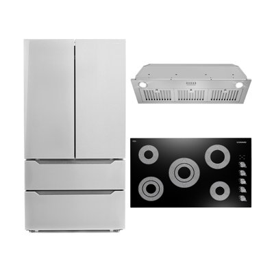 Cosmo 3 Piece Kitchen Appliance Package with French Door Refrigerator , 36'' Electric Cooktop , Insert Range Hood , and Air Fryer -  COS-3PKG-373