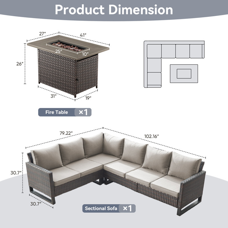 Ensemble de conversation modulaire en osier pour 6 personnes avec table de foyer et coussins Ingvald, Beige, Brun
