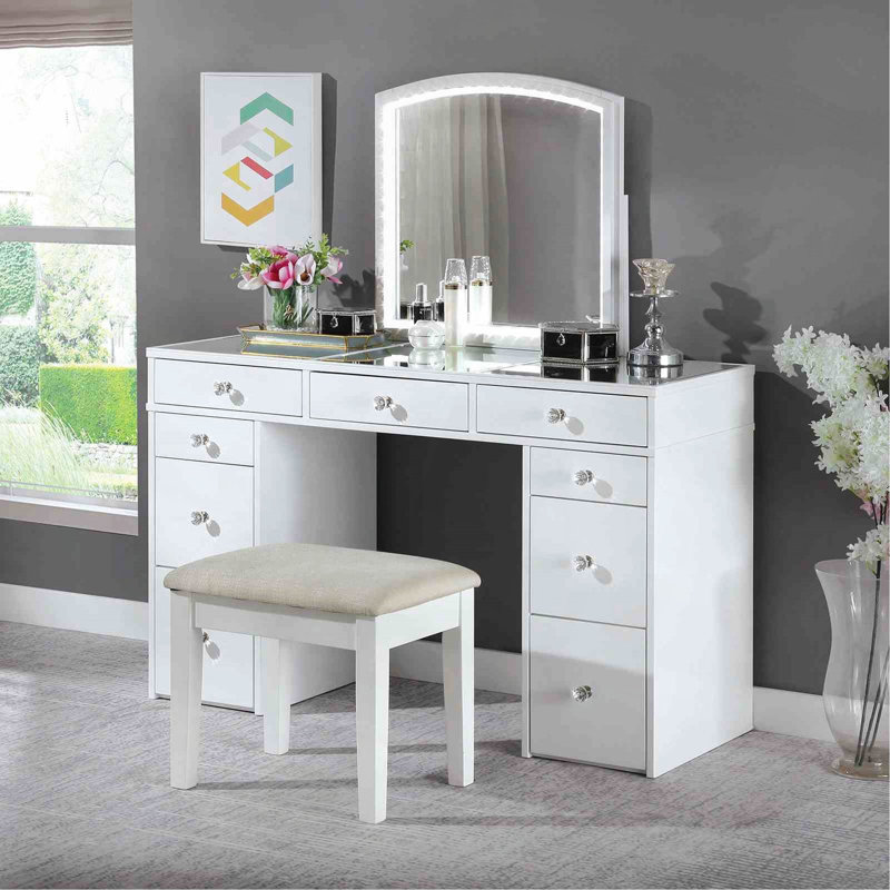 Contemporary Style 1Pc Vanity Set  Mirror LED Lights Storage Drawers Wooden Glides Stool Included Bedroom Furniture