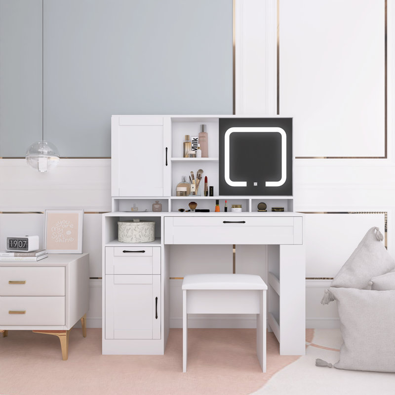 Coiffeuse de rangement avec grand miroir et tabouret rembourré blanc
