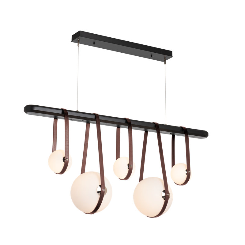 Derby 5 - Light Kitchen Island Linear LED Pendant, Black Wood, Polished Nickel, British Brown Leather