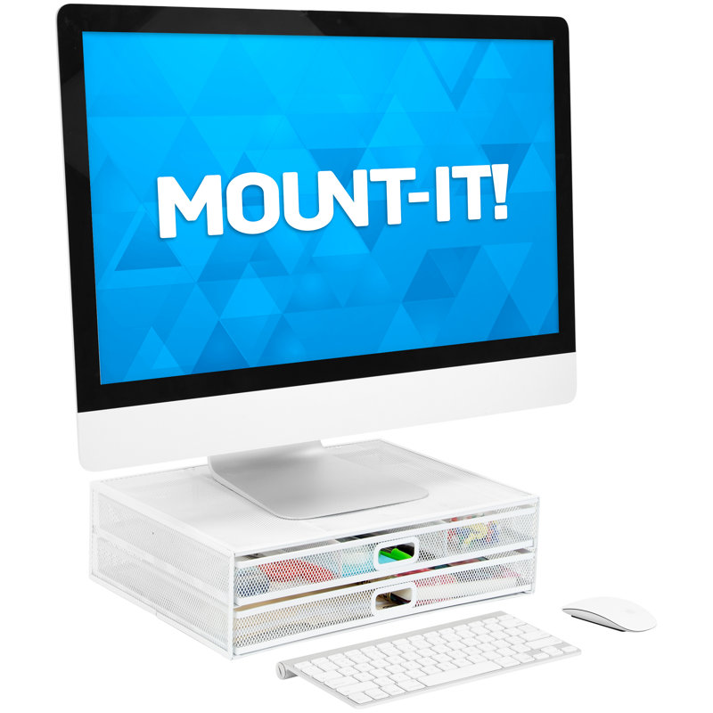 White Metal Mesh Desktop Monitor Stand with Two Drawers
