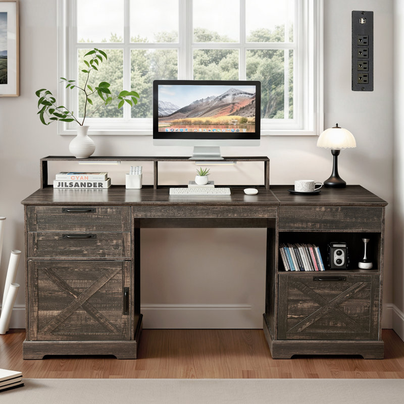 63"W Farmhouse Executive Lift Top Desk, Wood Country Rustic Home Office Desk With Charging Station, Computer Desk With 3 Drawers, Led Gaming Work Desk With Monitor Stand, White, Walnut
