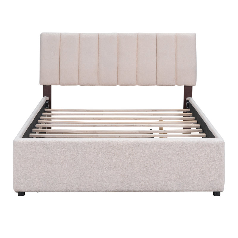 Lit plateforme tapissier avec lit gigogne double Teddy, Beige, Lit double