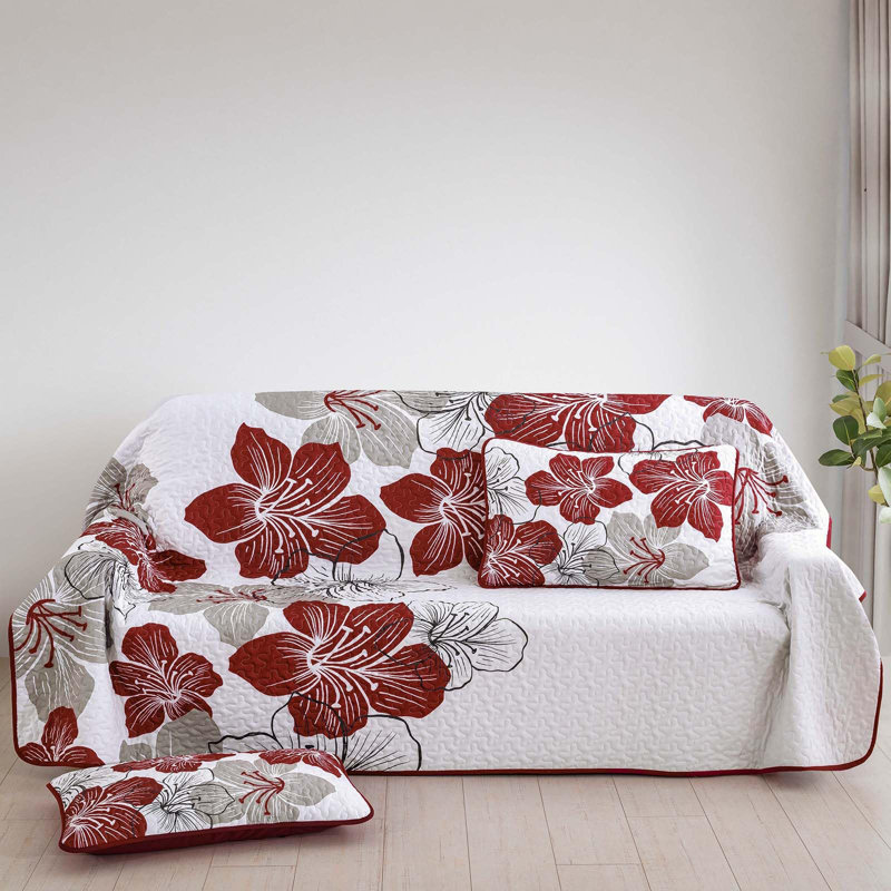3 Piece Botanical Floral Quilt Set  with Pillow Shams Soft Lightweight Flower Bedding Set for All Season, Red/White