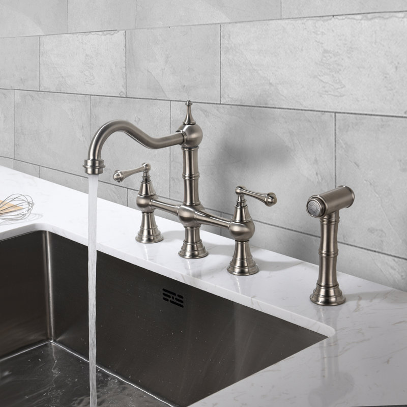 Robinet d'évier de cuisine Bridge avec douchette latérale extractible, Nickel brossé