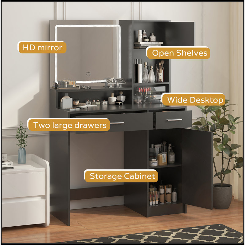 Vanity Desk With Mirror And LED Light Strip,Dressing Table With Large Drawer, 3 Level Storage Dresser & 3 Lighting Modes Adjustable Brightness, Suitable For Bedroom